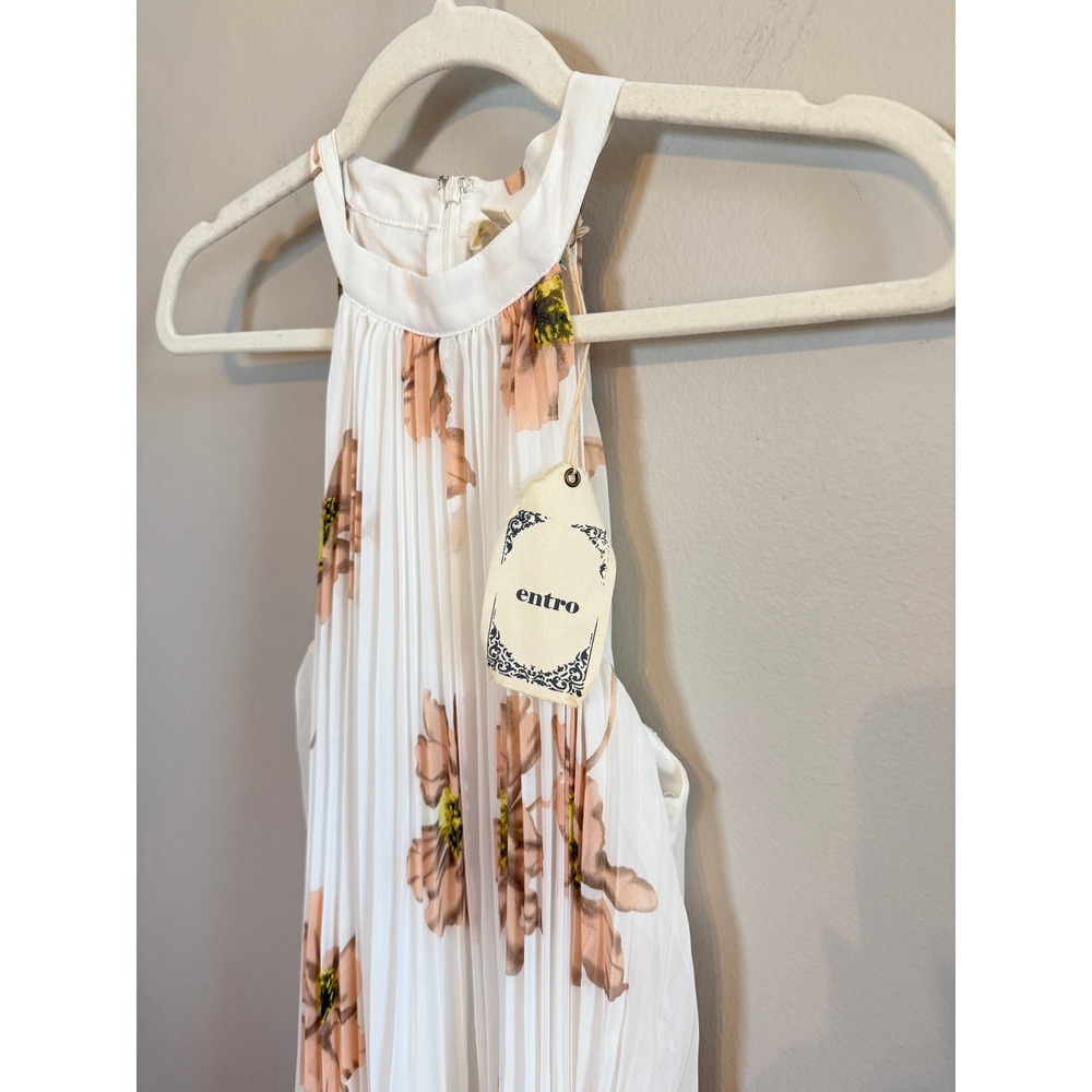 Entro • NWT White Peach Floral Pleated Halter Mini Dress Sleeveless Summer Sm - Picture 3 of 10